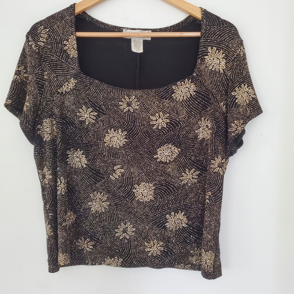 DRESS BARN Sz XL Black Metallic Gold Square Neck Sparkle SS Top Stretch 90s Y2K